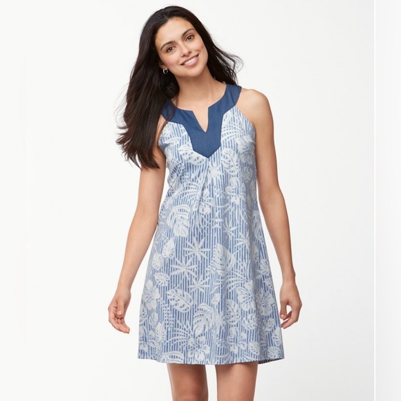Tommy Bahama Dresses & Skirts - Tommy Bahama Monstera Mash Dress Hawaiian XL Sleeveless Knee Length Blue